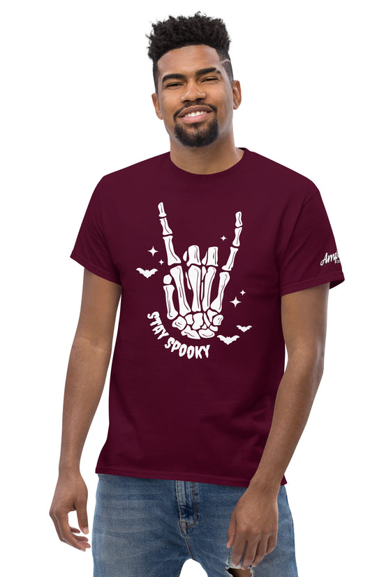 Stay Spooky T-Shirt by Amp'd Up Custom featuring skeleton hand and bats on a maroon tee