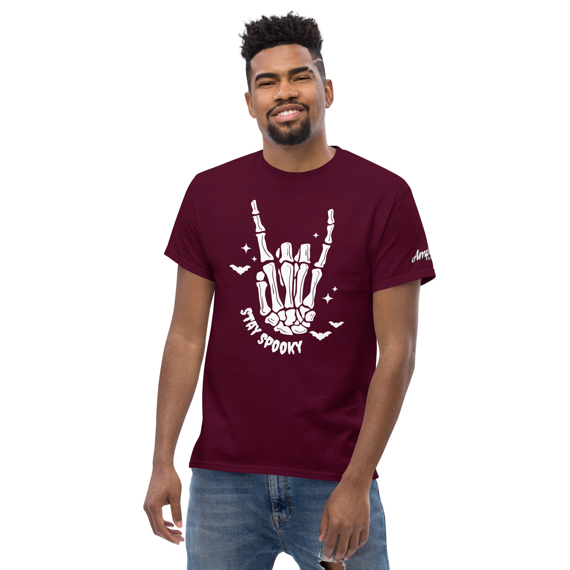 Stay Spooky T-Shirt by Amp'd Up Custom featuring skeleton hand and bats on a maroon tee