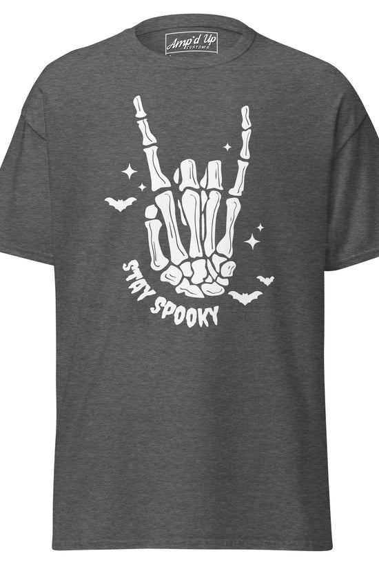 Amp'd Up Custom Stay Spooky T-Shirt featuring a skeleton hand and bats on dark gray fabric