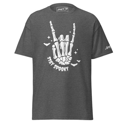 Amp'd Up Custom Stay Spooky T-Shirt featuring a skeleton hand and bats on dark gray fabric