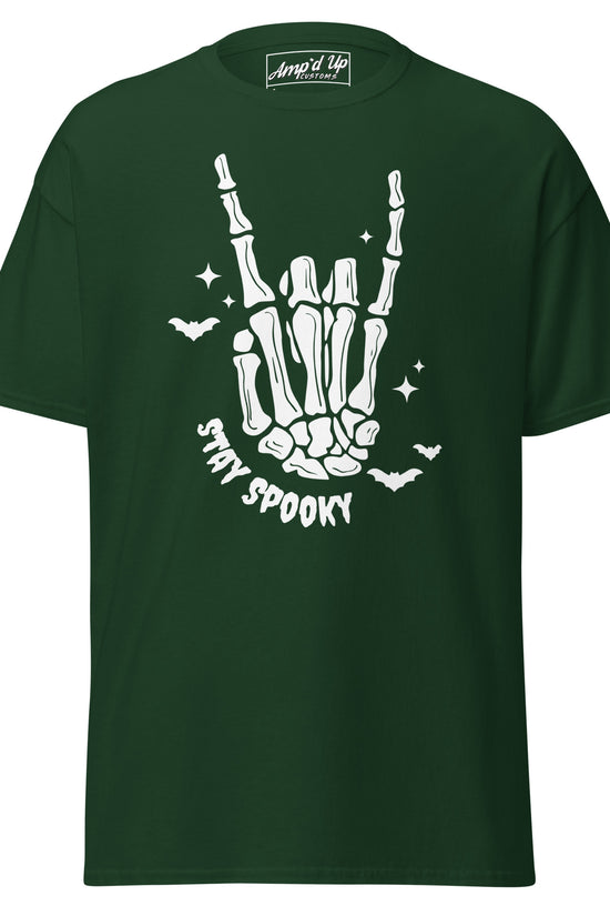 Amp'd Up Custom Stay Spooky T-Shirt in dark green with white skeleton hand and bats design