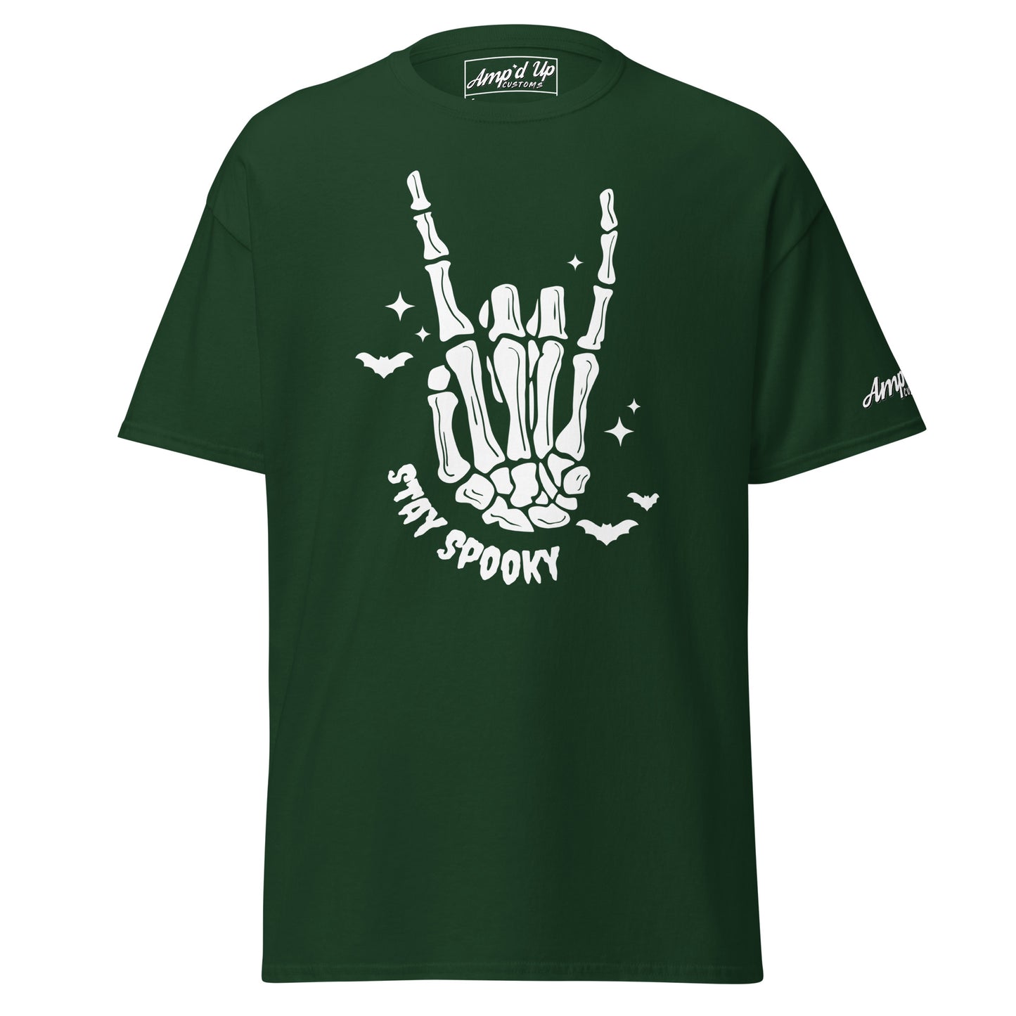 Amp'd Up Custom Stay Spooky T-Shirt in dark green with white skeleton hand and bats design
