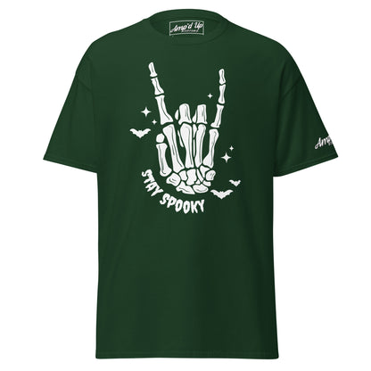 Amp'd Up Custom Stay Spooky T-Shirt in dark green with white skeleton hand and bats design
