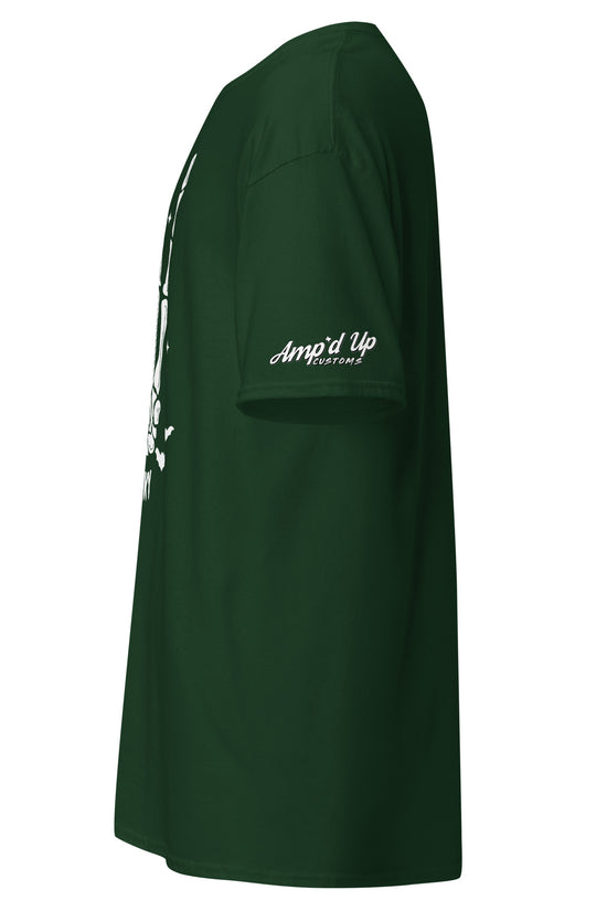 Amp'd Up Custom Stay Spooky T-Shirt in dark green with white logo on sleeve and skull design