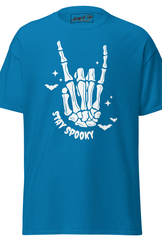 Amp'd Up Custom Stay Spooky T-Shirt in blue with skeleton hand and bat design