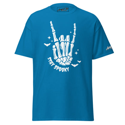 Amp'd Up Custom Stay Spooky T-Shirt in blue with skeleton hand and bat design