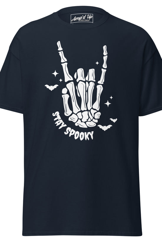 Amp'd Up Custom Stay Spooky T-Shirt with skeleton hand and bat design in black