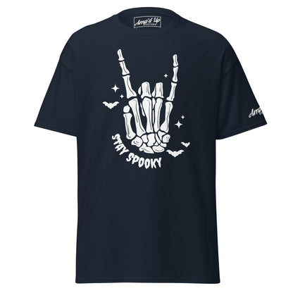 Amp'd Up Custom Stay Spooky T-Shirt with skeleton hand and bat design in black