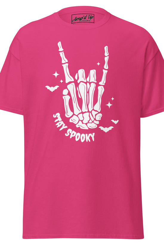 Pink Stay Spooky T-Shirt by Amp'd Up Custom with white skeleton hand and bats design