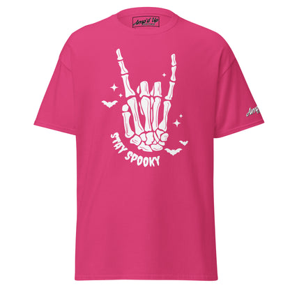 Pink Stay Spooky T-Shirt by Amp'd Up Custom with white skeleton hand and bats design