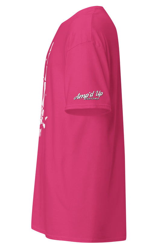 Amp'd Up Custom Stay Spooky T-Shirt in bright pink with white logo on sleeve and spooky design