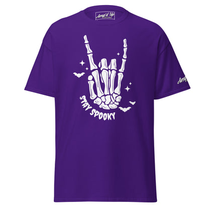 Amp'd Up Custom purple Stay Spooky T-Shirt with white skeleton hand and bat graphics