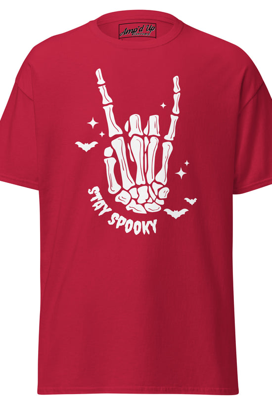 Red Stay Spooky T-Shirt by Amp'd Up Custom with skeleton hand and bats graphic design