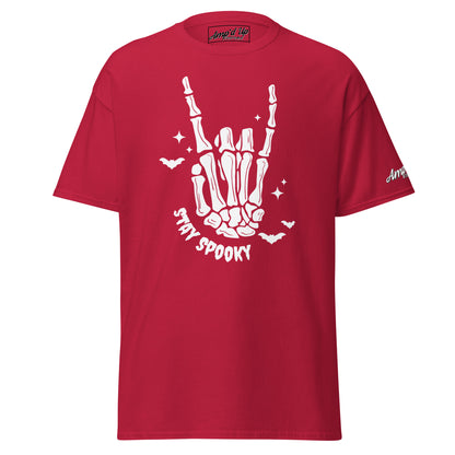 Red Stay Spooky T-Shirt by Amp'd Up Custom with skeleton hand and bats graphic design