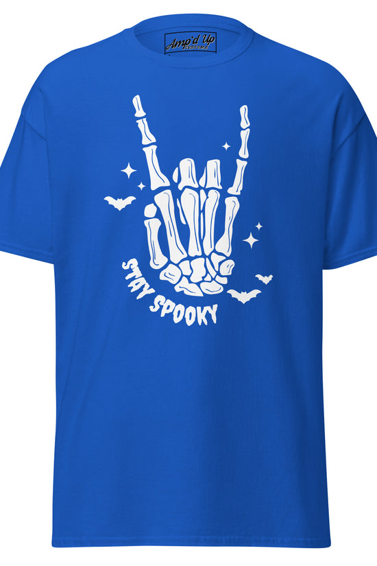 Amp'd Up Custom blue Stay Spooky T-Shirt with white skeleton hand and bats graphic
