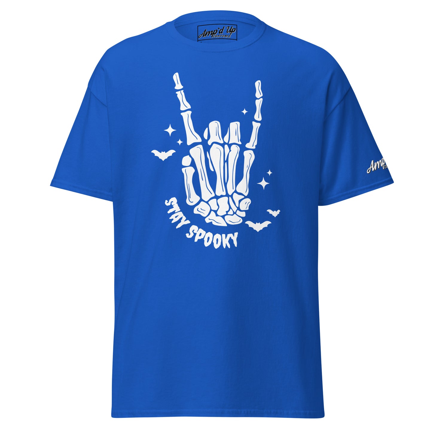 Amp'd Up Custom blue Stay Spooky T-Shirt with white skeleton hand and bats graphic