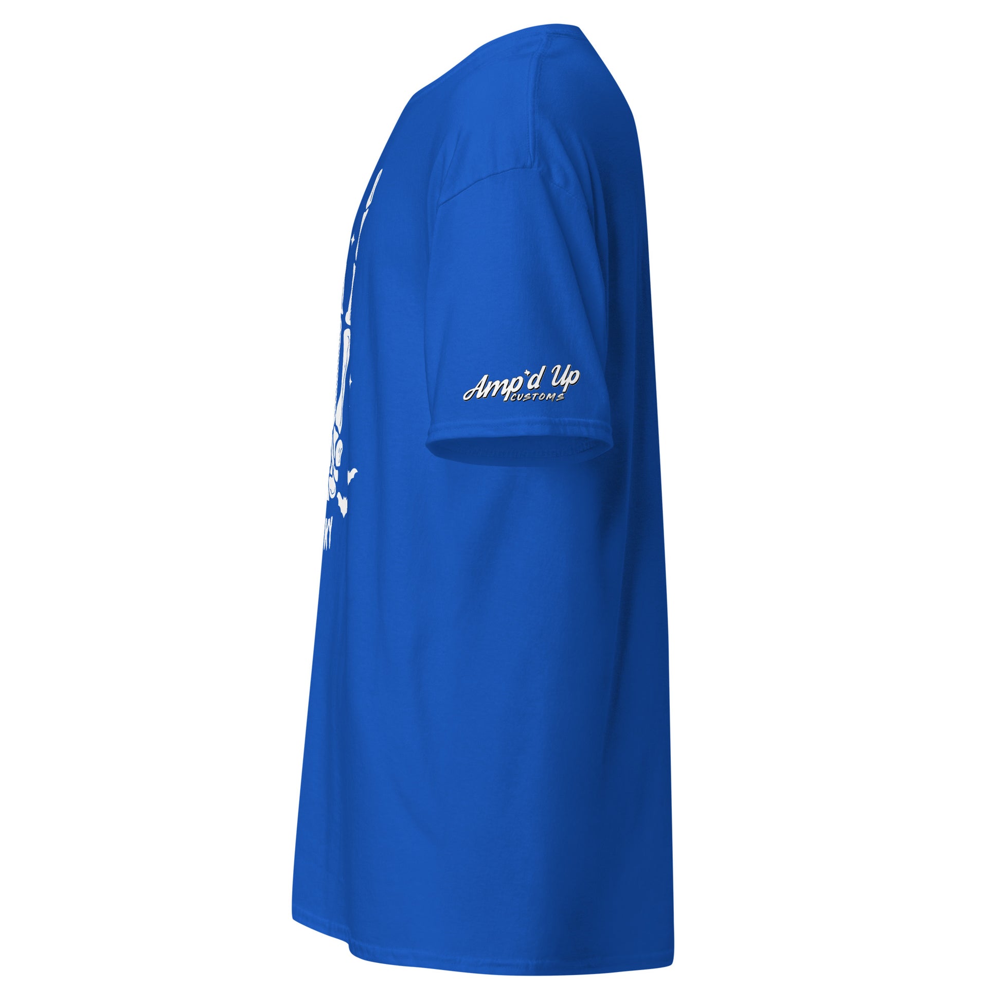 Amp'd Up Custom blue Stay Spooky T-Shirt showing side view with logo on sleeve