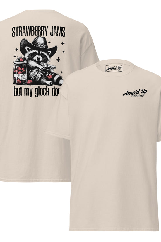 Strawberry Jams, But My Glock Don't T-Shirt featuring a back illustration of a raccoon with a gun