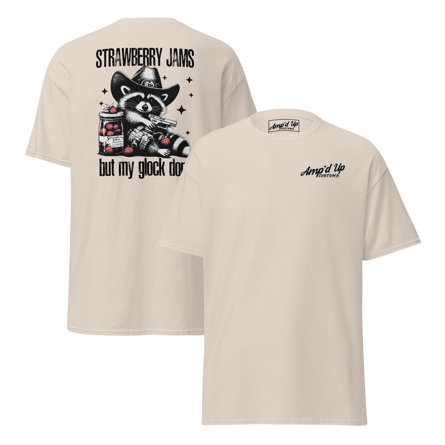 Strawberry Jams, But My Glock Don't T-Shirt featuring a back illustration of a raccoon with a gun