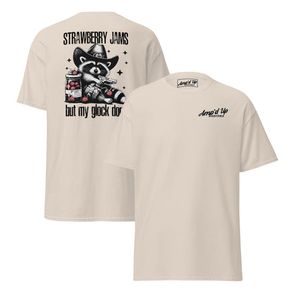 Strawberry Jams, But My Glock Don't T-Shirt featuring a back illustration of a raccoon with a gun