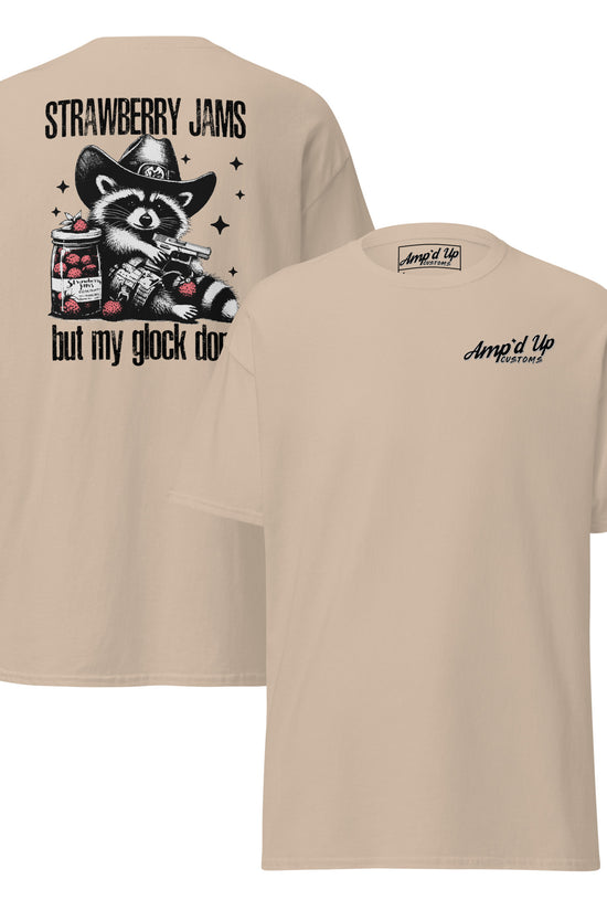 Beige Amp'd Up Custom T-shirt featuring back illustration with 'Strawberry Jams, But My Glock Don't' design