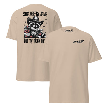 Beige Amp'd Up Custom T-shirt featuring back illustration with 'Strawberry Jams, But My Glock Don't' design