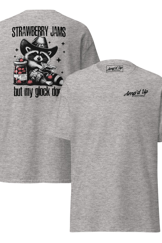 Gray T-shirt featuring back illustration of raccoon with text Strawberry Jams, But My Glock Don't by Amp'd Up Custom