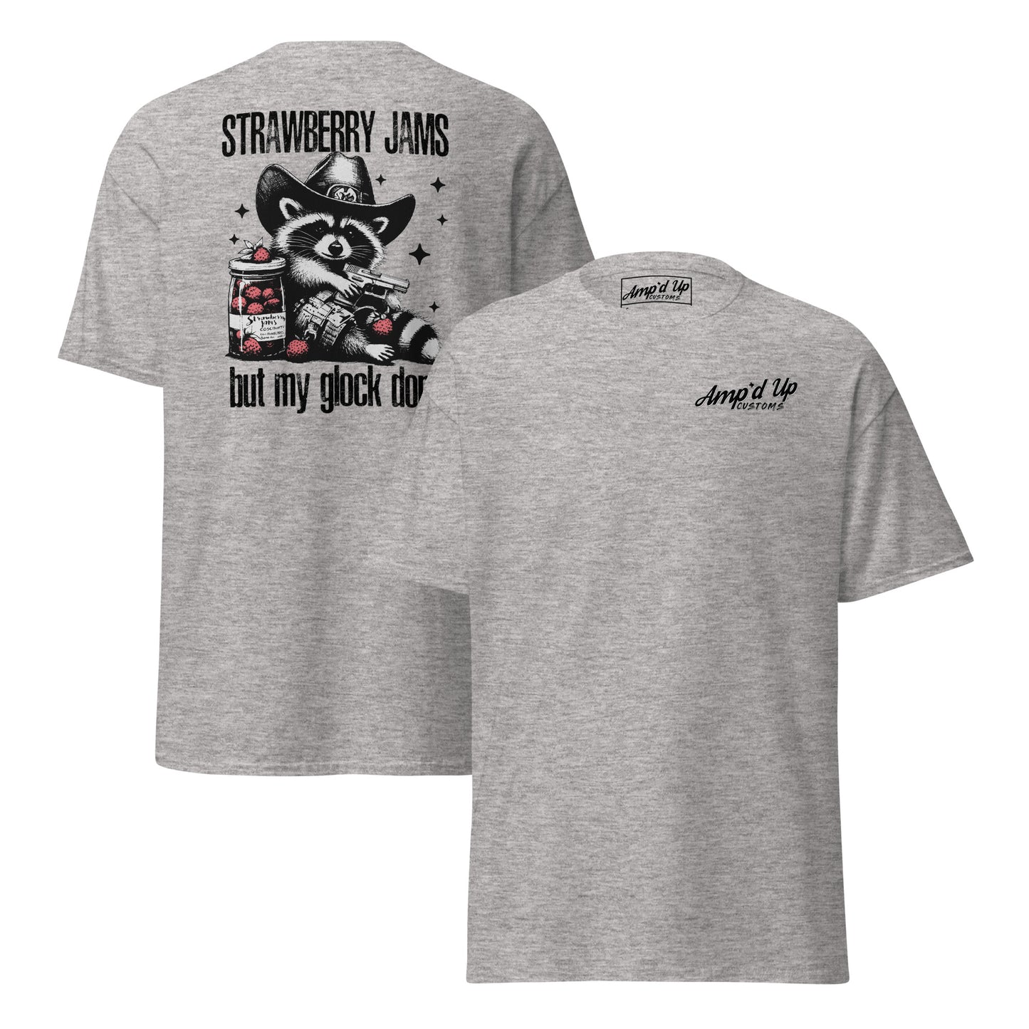 Gray T-shirt featuring back illustration of raccoon with text Strawberry Jams, But My Glock Don't by Amp'd Up Custom