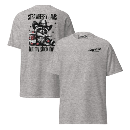 Gray T-shirt featuring back illustration of raccoon with text Strawberry Jams, But My Glock Don't by Amp'd Up Custom