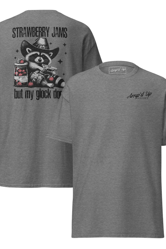 Amp'd Up Custom Strawberry Jams, But My Glock Don't T-Shirt featuring a raccoon back illustration