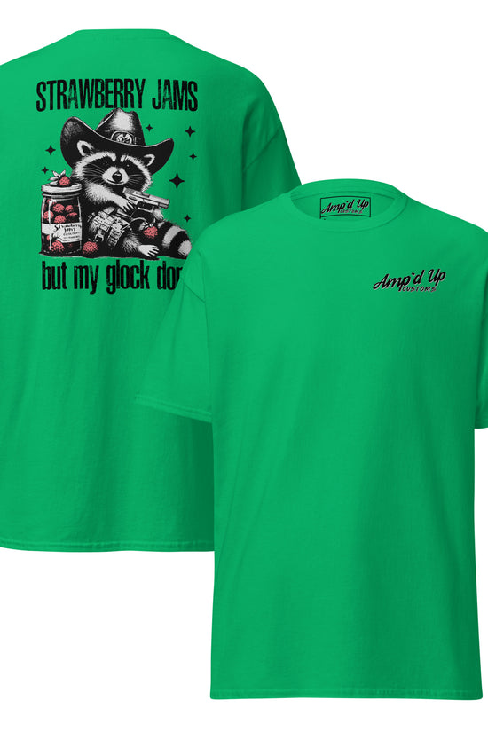 Amp'd Up Custom Strawberry Jams, But My Glock Don't T-Shirt with back illustration of raccoon and guns