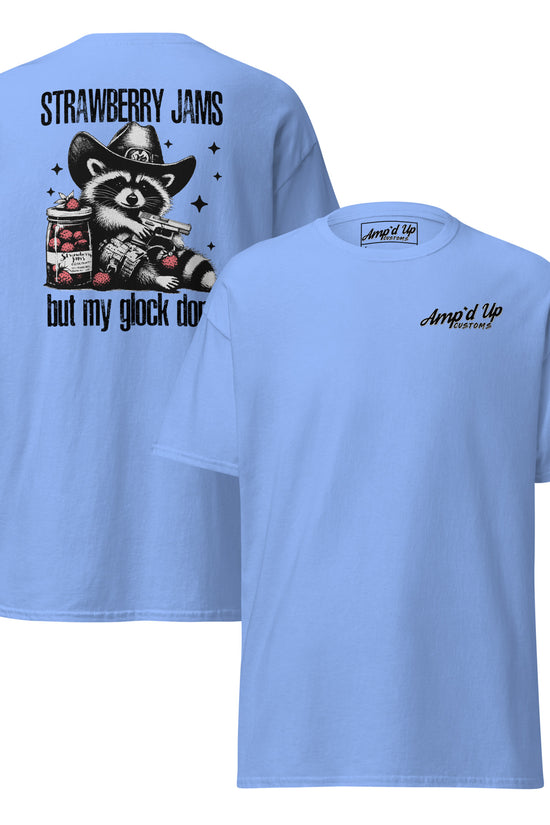 Light Blue Strawberry Jams, But My Glock Don't T-Shirt featuring a retro raccoon illustration on the back