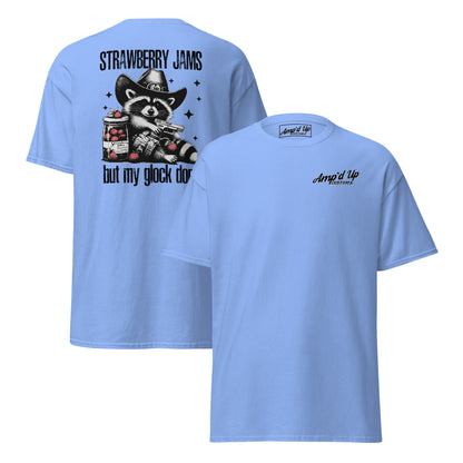 Light Blue Strawberry Jams, But My Glock Don't T-Shirt featuring a retro raccoon illustration on the back