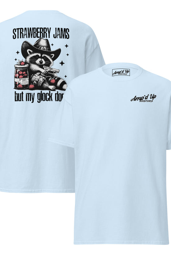 Light blue Amp'd Up Custom T-shirt featuring back illustration of Strawberry Jams, But My Glock Don't design