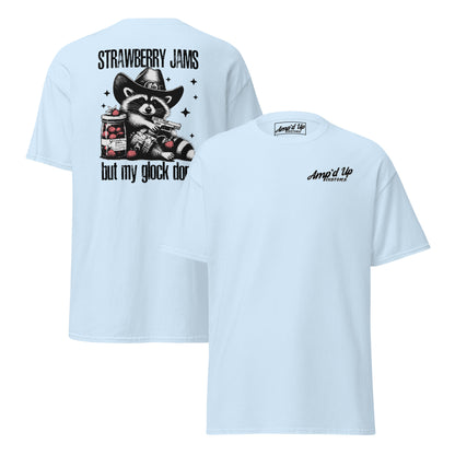 Light blue Amp'd Up Custom T-shirt featuring back illustration of Strawberry Jams, But My Glock Don't design