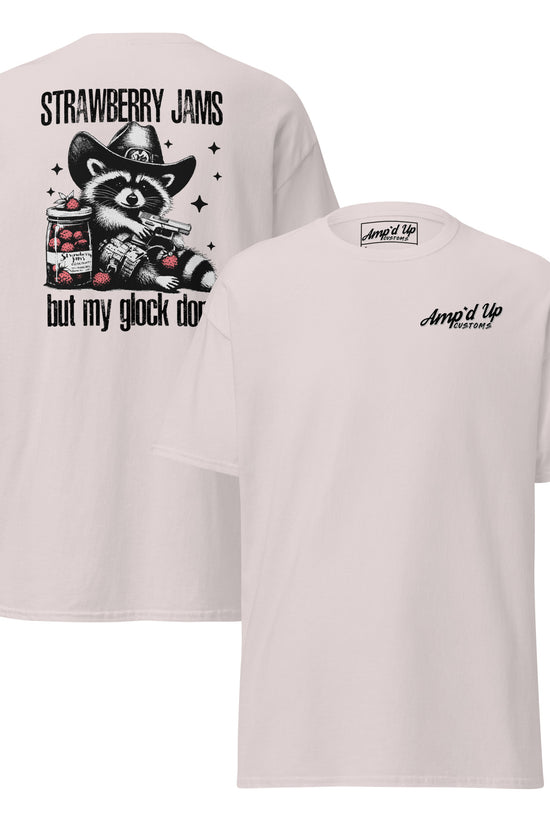 Amp'd Up Custom Strawberry Jams, But My Glock Don't T-Shirt with back illustration of a raccoon