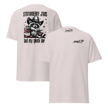 Amp'd Up Custom Strawberry Jams, But My Glock Don't T-Shirt with back illustration of a raccoon