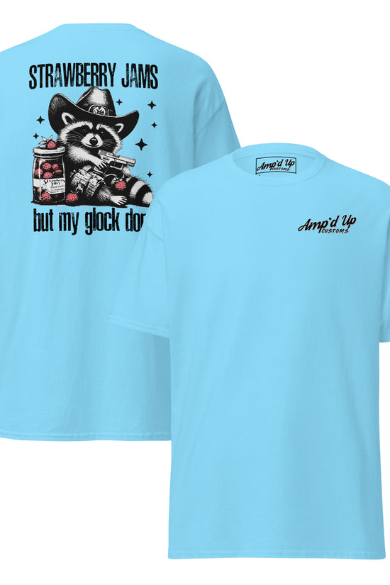 Light blue Amp'd Up Custom T-shirt featuring a back illustration of Strawberry Jams, But My Glock Don't