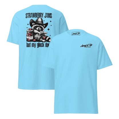 Light blue Amp'd Up Custom T-shirt featuring a back illustration of Strawberry Jams, But My Glock Don't
