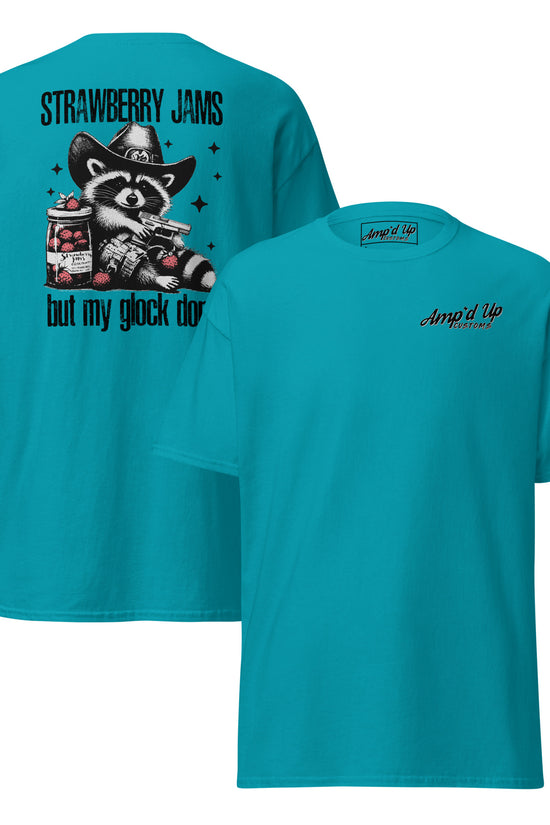 Amp'd Up Custom Strawberry Jams, But My Glock Don't T-Shirt featuring a raccoon illustration on the back