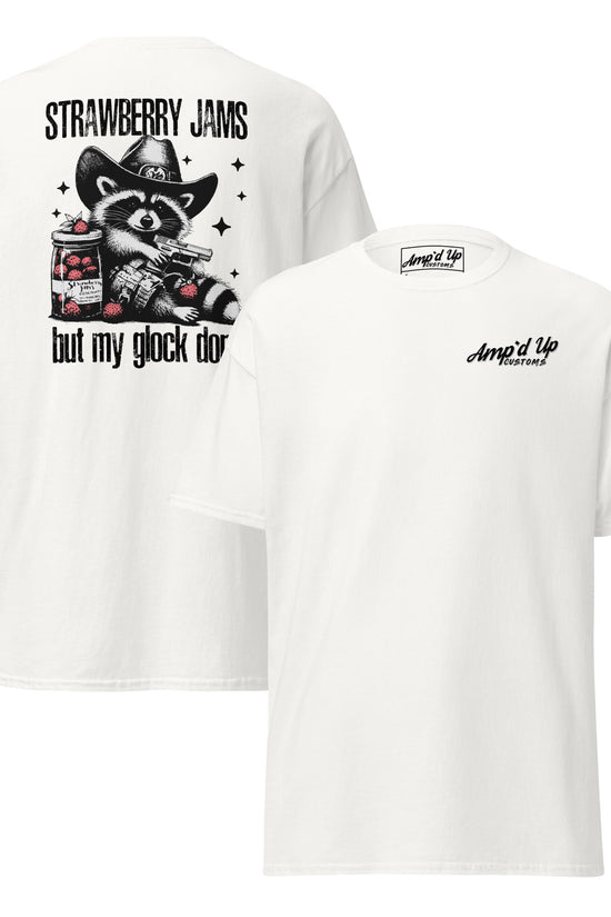 Strawberry Jams, But My Glock Don't T-Shirt featuring back illustration with a raccoon and jam jars
