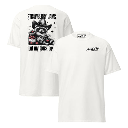 Strawberry Jams, But My Glock Don't T-Shirt featuring back illustration with a raccoon and jam jars