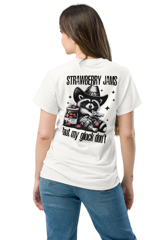 White Amp'd Up Custom T-shirt featuring a back illustration of Strawberry Jams, But My Glock Don't
