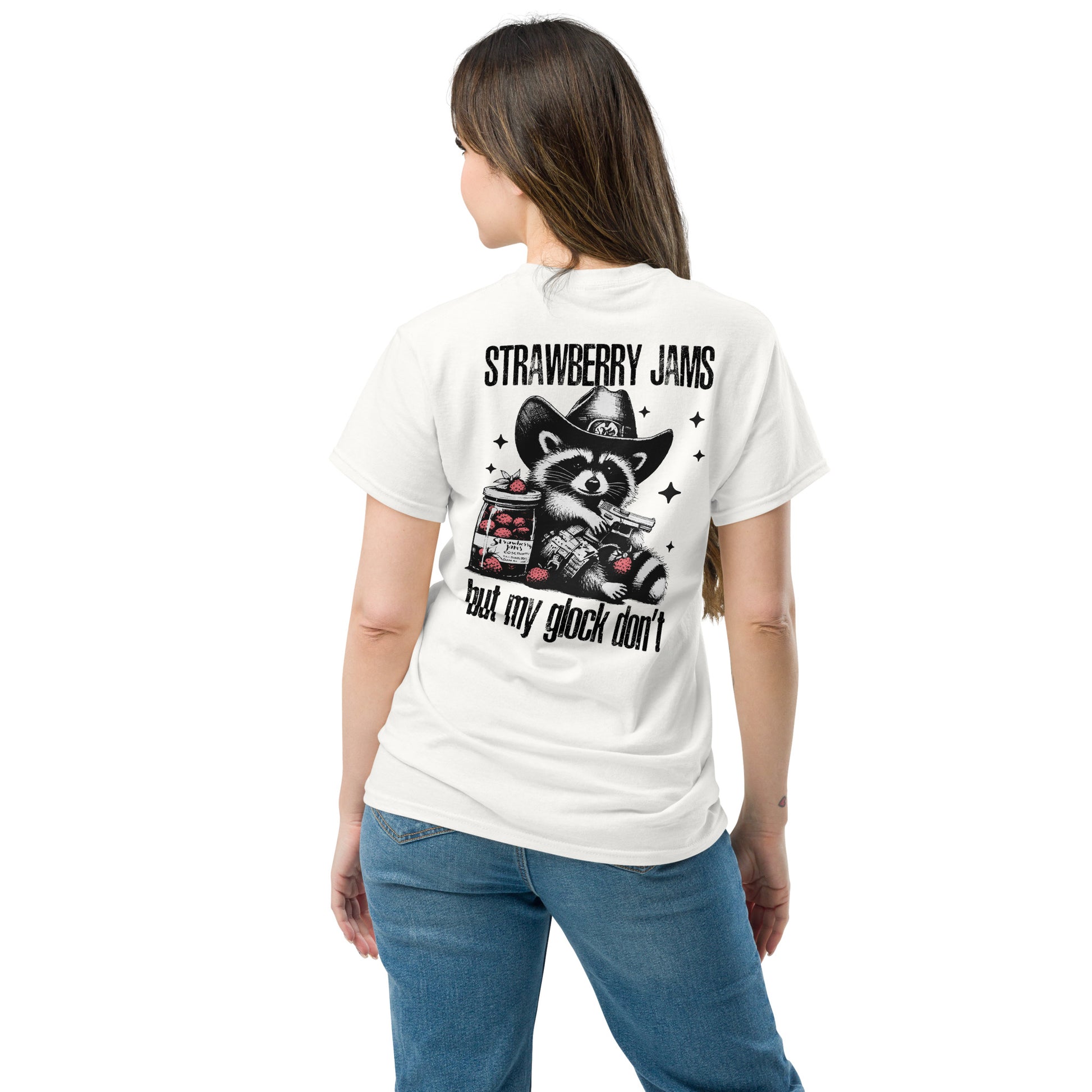 White Amp'd Up Custom T-shirt featuring a back illustration of Strawberry Jams, But My Glock Don't