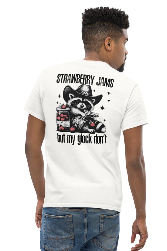 Back illustration of the Strawberry Jams, But My Glock Don't T-Shirt featuring a cartoon character.