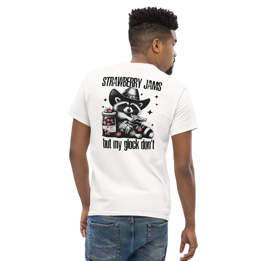 Back illustration of the Strawberry Jams, But My Glock Don't T-Shirt featuring a cartoon character.