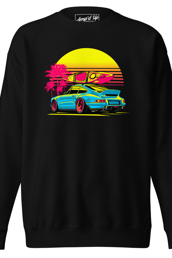 Sunset Porsche Sweatshirt featuring a colorful graphic of a Porsche with surfboard and palm trees