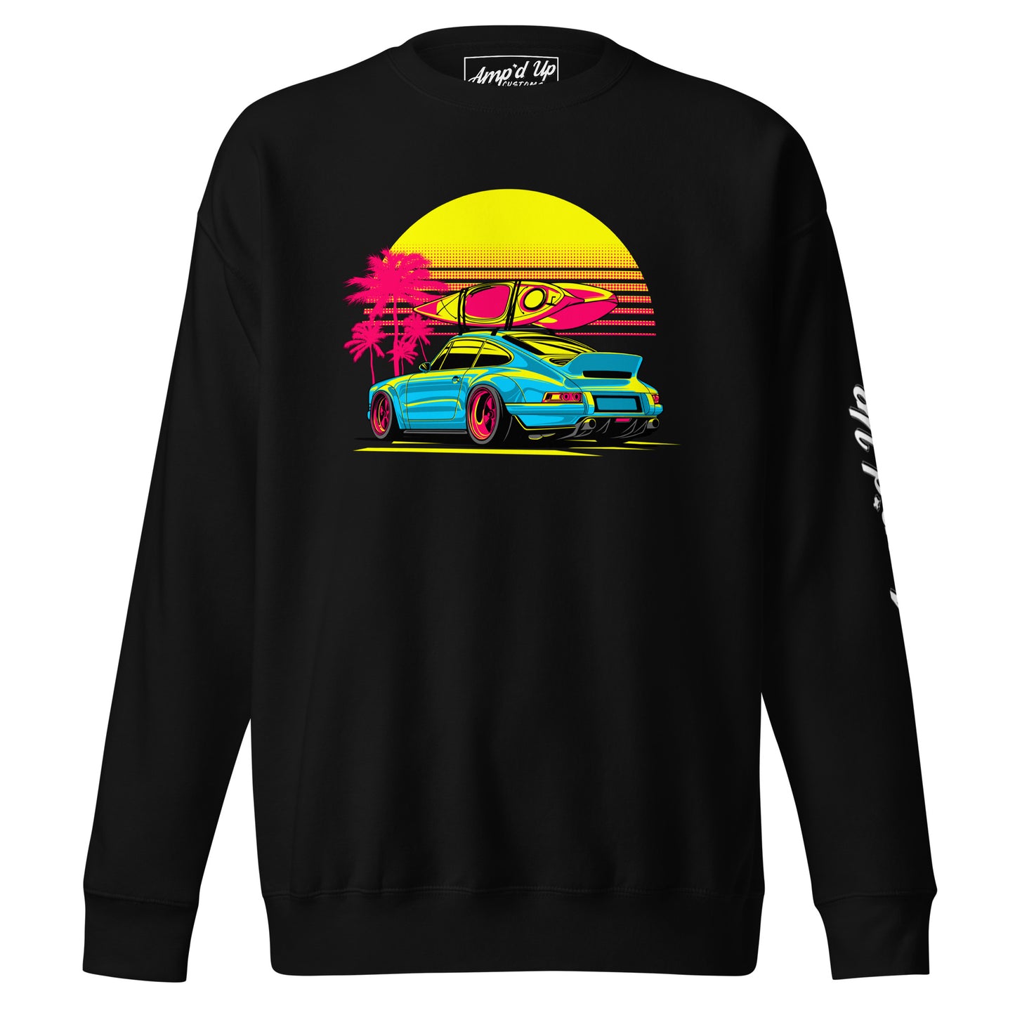 Sunset Porsche Sweatshirt featuring a colorful graphic of a Porsche with surfboard and palm trees
