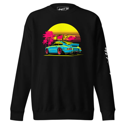 Sunset Porsche Sweatshirt featuring a colorful graphic of a Porsche with surfboard and palm trees