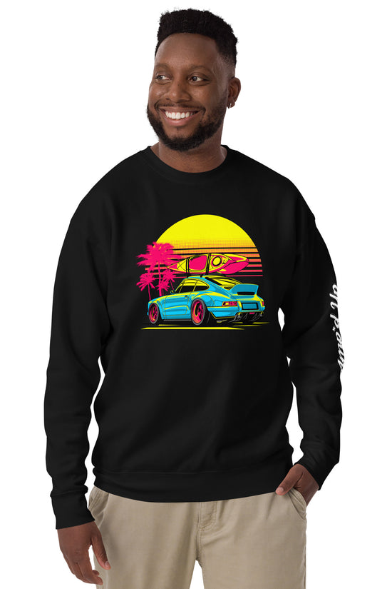 Amp'd Up Custom Sunset Porsche Sweatshirt in black featuring vibrant graphic design